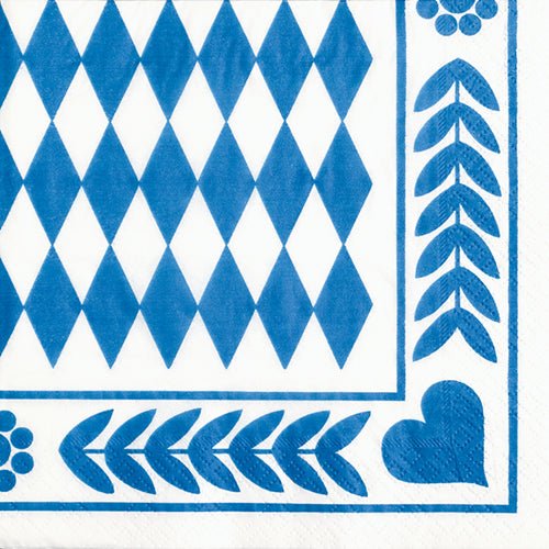 A white PAPSTAR 20 napkin, 33x33 cm, 3-ply from PAPSTAR GmbH with a blue geometric heart pattern and symmetrical border; Design Set 6.