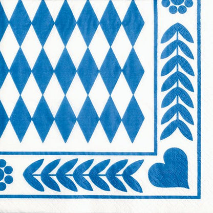 A white PAPSTAR 20 napkin, 33x33 cm, 3-ply from PAPSTAR GmbH with a blue geometric heart pattern and symmetrical border; Design Set 6.