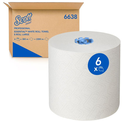 A large white Scott® Essential™ roll towel 6638 Jumbo Roll (1-ply) from Kimberly-Clark GmbH with a blue "6" label stands in front of a brown box labeled "Professional Essential White Roll Towel" and "6638".