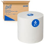 A large white Scott® Essential™ roll towel 6638 Jumbo Roll (1-ply) from Kimberly-Clark GmbH with a blue "6" label stands in front of a brown box labeled "Professional Essential White Roll Towel" and "6638".
