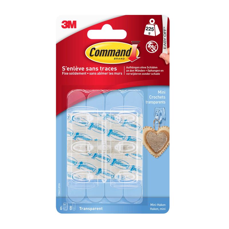 A pack of Command™ Mini Hooks, transparent, 17006CLR from 3M Deutschland GmbH contains 6 transparent hooks and 8 transparent strips. The blue-red packaging has French and English info, perfect for leaving no trace in your space.