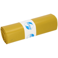 One roll of EMIL DEISS KG (GmbH + Co.) DEISS 13004 trash bags (700x1100x0.07 mm, yellow, 25 pieces) features a white label with blue text and a logo. The plain white background makes these bags stand out, facilitating easy waste disposal.