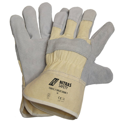NITRAS SPLIT STAR 1, split cowhide leather gloves, natural / gray, EN 388 cotton, size 10 | Pack (12 pairs)