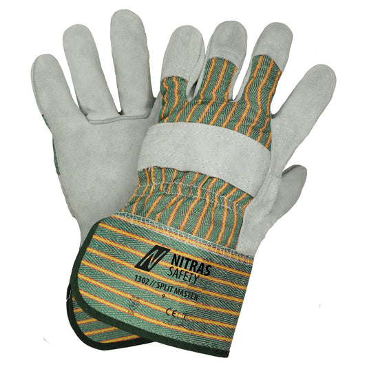 NITRAS SPLIT MASTER, Rindspaltlederhandschuhe, grün / rot / gelb gestreift / grau