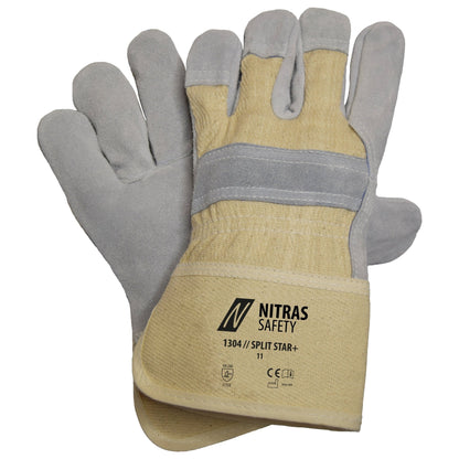 NITRAS SPLIT STAR+, Rindspaltlederhandschuhe, naturfarben / grau, EN 388 Baumwolle, Größe 11 | Packung (12 Paare)