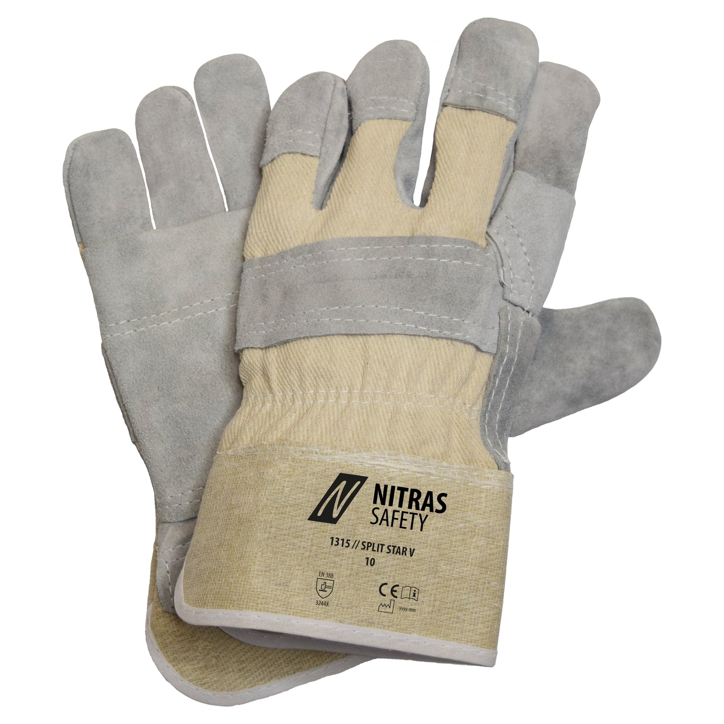NITRAS SPLIT STAR V, Rindspaltlederhandschuhe, naturfarben / grau, EN 388 Baumwolle | Packung (12 Paare)