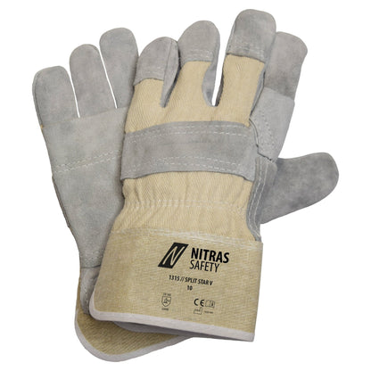 NITRAS SPLIT STAR V, split cowhide leather gloves, natural / gray, EN 388 cotton, size 10 | Pack (12 pairs)