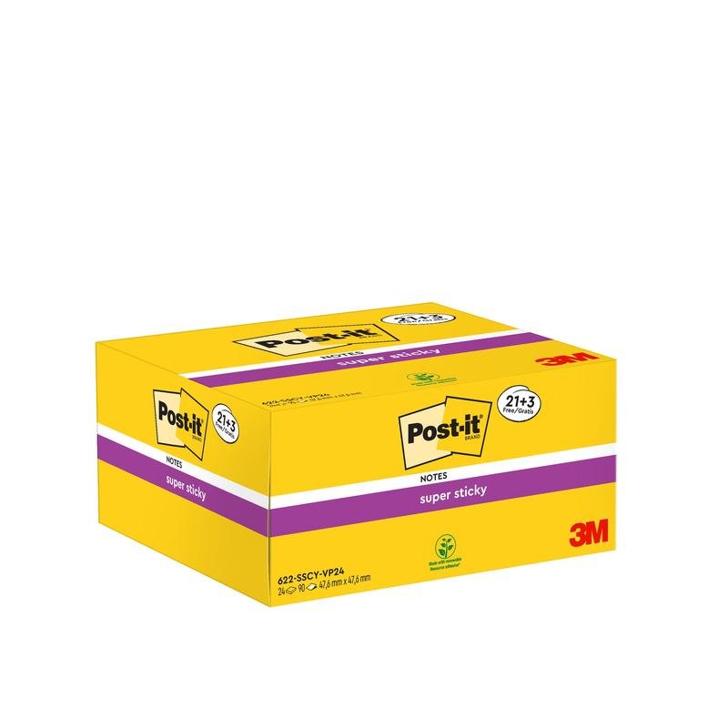 Eine gelbe Schachtel Post-it® Super Sticky Notes (3M Deutschland GmbH), 21 Blöcke plus 3 Gratisblöcke, je 90 Blatt, 47,6 mm x 47,6 mm, PEFC-zertifiziert (100 %), mit Logo und Produktangaben mit lila Akzenten auf Vorder- und Rückseite.