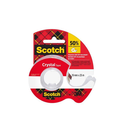 A roll of Scotch® Crystal Tape (19 mm x 25 m) from 3M Deutschland GmbH in a red dispenser with checkered packaging; the label states that 50% less plastic is used. The 3M logo is located at the bottom right.