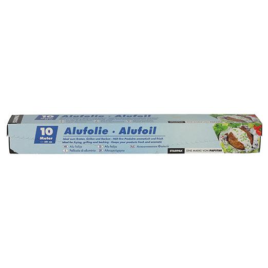 Die Starpak Alufolie in Faltschachtel ist eine rechteckige 10 Meter lange Aluminiumfolienschachtel mit der Aufschrift „Alufolie · Alufoil“. Sie hat ein hellblaues Design mit weißem und dunkelblauem Text, Lebensmittelbildern auf der rechten Seite und zeigt vielseitige Anwendungen.