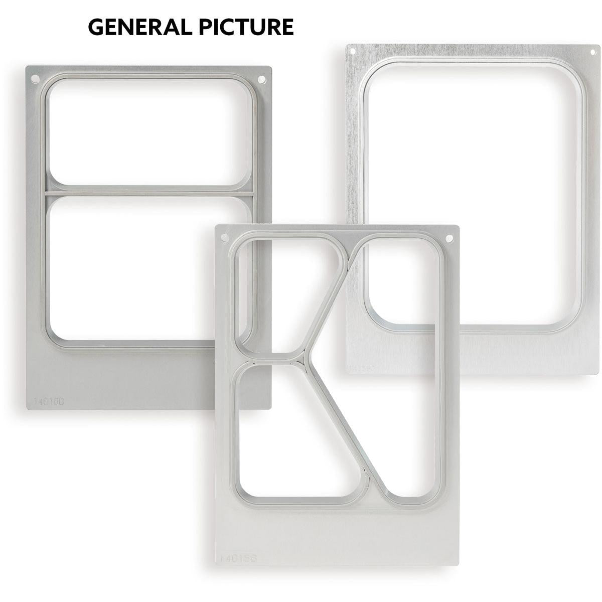 Abgebildet sind drei rechteckige Metallplättchen mit Aussparungen auf weißem Hintergrund, beschriftet mit "GENERAL PICTURE" - ideal zur Verwendung als Kassette DF10/20 für PP-Schälchen 220/140 ml - 2-fach nutzbar von Duni GmbH (Packung, 1 Stück).