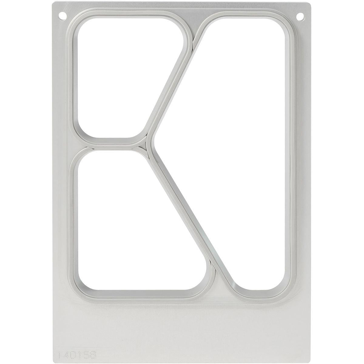 The DF10/20 cassette for CPET trays from Duni GmbH is a rectangular metal plate for storage and transport. It features three cutouts - one large diagonal line and two rounded rectangles - with four corner holes on a white background.