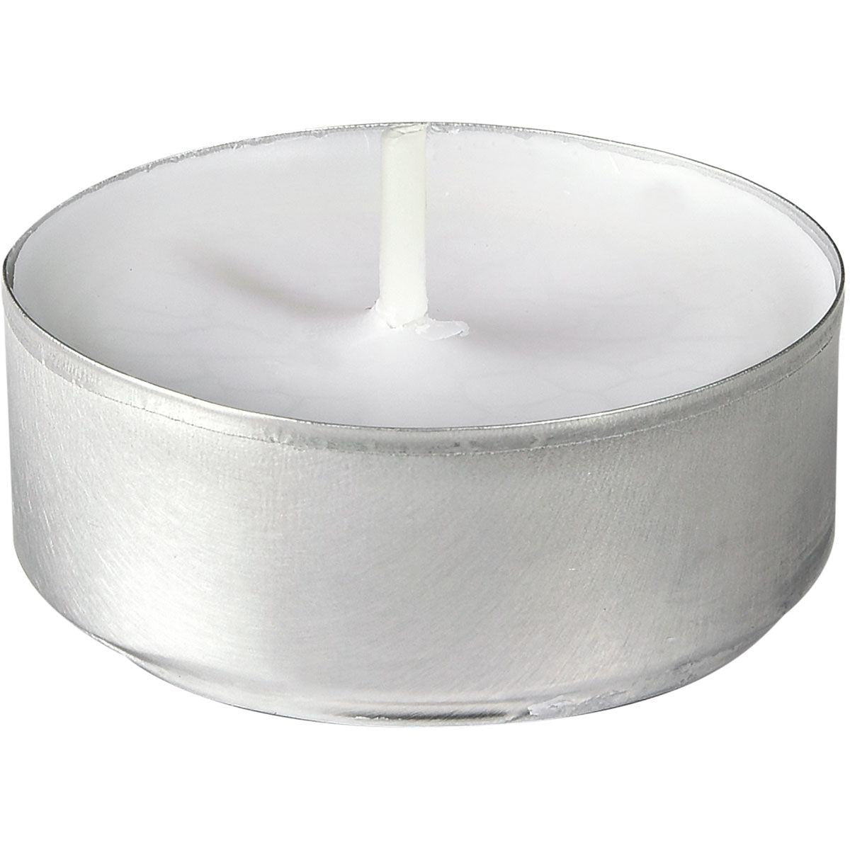 A single Duni GmbH tealight, Ø39 mm, white with 4 hours burn time is shown unlit in its round aluminum holder; available in a pack of 100 pieces.