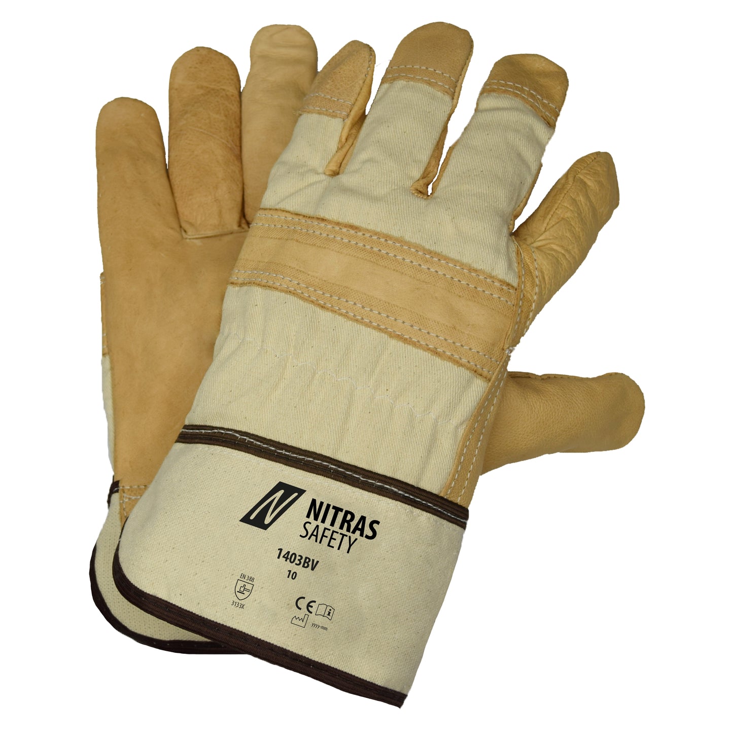 NITRAS full-grain cowhide gloves, natural color / brown, EN 388 cotton | Pack (12 pairs)