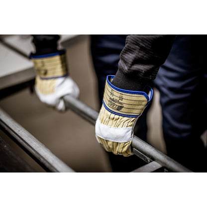 NITRAS POSEIDON, full-grain leather gloves, yellow / blue striped / gray, EN 388 cotton, size 10 | Pack (12 pairs)