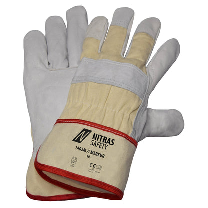 NITRAS MERKUR, Full-Grain Cowhide Leather Gloves, Natural / Gray, EN 388 Cotton, Size 10 | Pack (12 pairs)