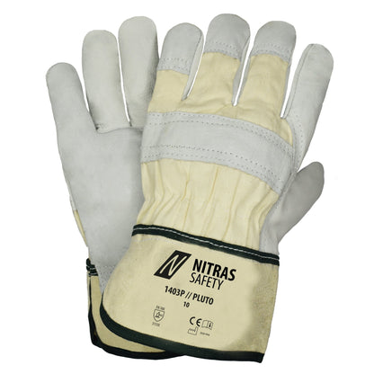 NITRAS PLUTO, Full-Grain Cowhide Leather Gloves, Natural / Gray, EN 388 Cotton, Size 10 | Pack (12 pairs)