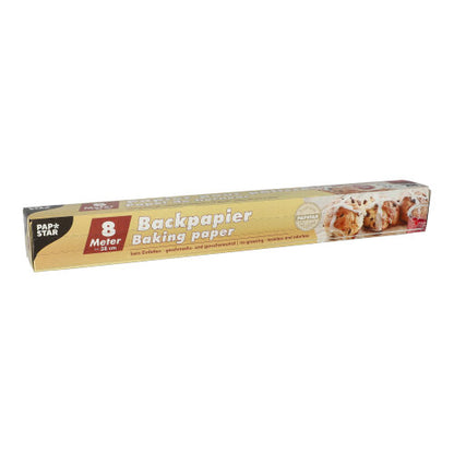 The PAPSTAR baking paper 38 cm wide brown in a folding box of PAPSTAR GmbH comes in a rectangular box with multilingual text and a non-stick surface – perfect for environmentally friendly baking.