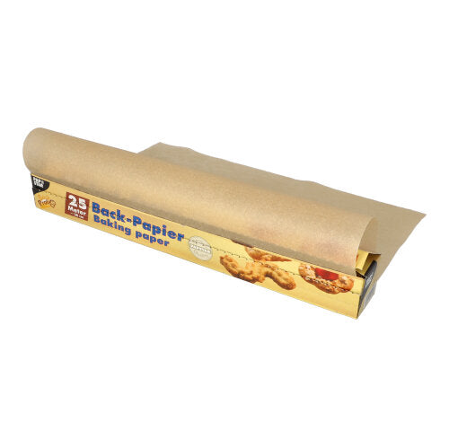 A roll of brown PAPSTAR baking paper 38 cm wide is partially unrolled from a carton of PAPSTAR GmbH with the inscription "Baking Paper Baking Paper". Cookies are depicted on the environmentally friendly packaging.