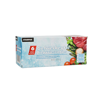 Starpak 45 freezer bags, LLDPE, 6l (46cm x 30cm), transparent, in a folding box. The packaging shows vegetables and raw meat as well as German and Dutch text. Contains 45 bags for freezer storage.