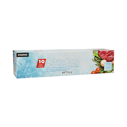 A rectangular box with 24 Starpak freezer bags, LLDPE 10 l (60 cm x 40 cm), transparent, for food storage, in a folding carton (24 pieces), shows images of vegetables and meat on a blue, icy background.