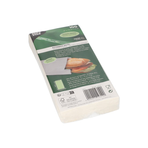 A sealed package of PAPSTAR greaseproof sandwich bags, 21x10x3 cm, white (100 pieces) from PAPSTAR GmbH, with a front label featuring product information, barcode, and the image of a sandwich in shrink wrap.