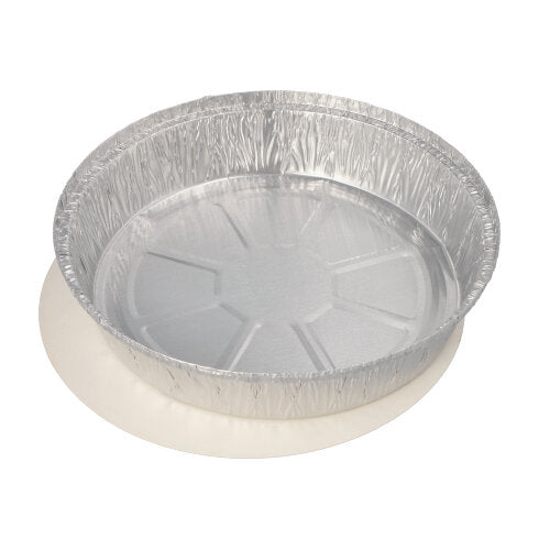 A round, empty Starpak 25 tray aluminum pan with a PP-coated insert lid stands on a plain white surface, ideal for catering or take-away meals.