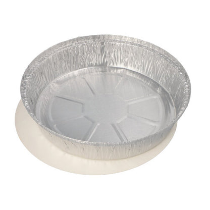 A round, empty Starpak 25 tray aluminum pan with a PP-coated insert lid stands on a plain white surface, ideal for catering or take-away meals.