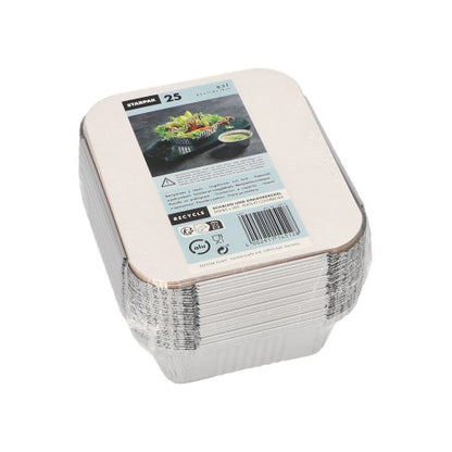 A pack of 25 Starpak aluminum + insert lid trays (PP-coated) comes with a paper label with product information, recycling symbols, and food images - perfect for catering or take-away. Brand: Starpak.