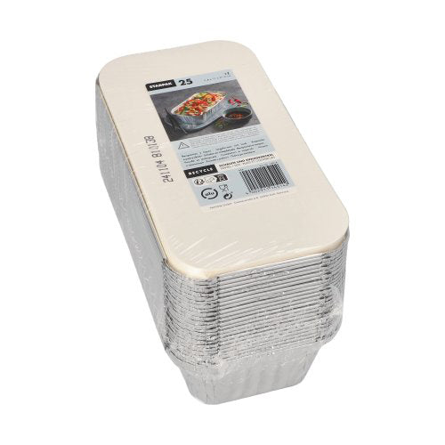 A pack of 25 Starpak aluminum trays with PP-coated lids is wrapped in plastic and provided with usage information and a barcode - perfect for the take-away or catering sector (Starpak 25 trays, aluminum + insert lid, PP-coated).
