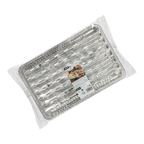 A pack of Starpak 5 grill trays, aluminum, wrapped in clear plastic foil - rectangular disposable grill trays made of aluminum with a top label with grilling instructions and pictures, ideal for your next barbecue party.