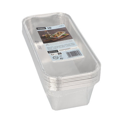 A pack of 10 rectangular Starpak loaf pans (aluminum baking pans, 1.09 l, 6 x 10.2 x 23 cm) in a clear packaging with a product label and an image of baked goods.