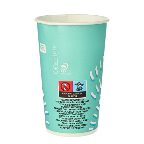 The Starpak 50 drinking cups for cold beverages (0.4 l, Ø 8.97 cm, 13.5 cm) in turquoise are sturdy cardboard cups with white decorative markings and multilingual warnings – plastic content and no-littering symbols – for safety and comfort.