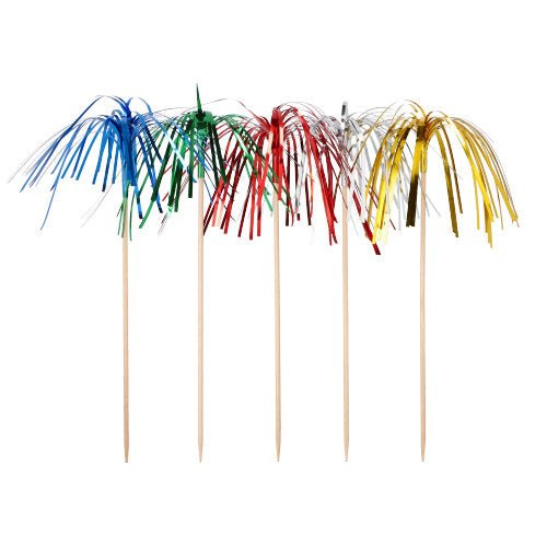 Der PAPSTAR 10 Deko-Picker der PAPSTAR GmbH besteht aus zehn Holzspießen mit Metallic-Folienfransen in Blau, Grün, Rot, Silber und Gold – ideal als Partydeko oder für Fingerfood. Präsentiert in einer Reihe auf weißem Hintergrund.