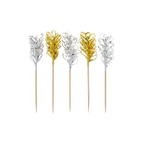 Die PAPSTAR Deko-Picker "Frills" gold/silber (10,5 cm, 30 Stück) der PAPSTAR GmbH sind mit festlichem Gold- und Silbermetallic-Flitter versehen - ideal als Party-Accessoires oder Tischdekoration für Feste, abgebildet auf einem schlichten weißen Hintergrund.