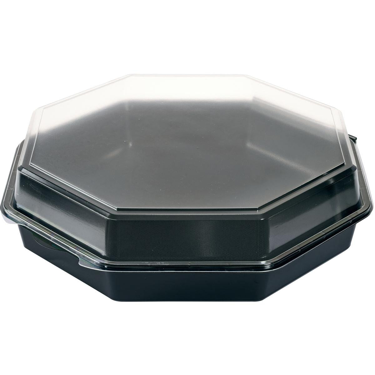 Die Duni GmbH Octaview® PS 305x305x80 ist eine schwarze achteckige Takeout-Box mit transparentem Deckel, die von oben geschlossen ist. Verpackt als Set von 75 hochwertigen Boxen (Schwarz/Transparent).