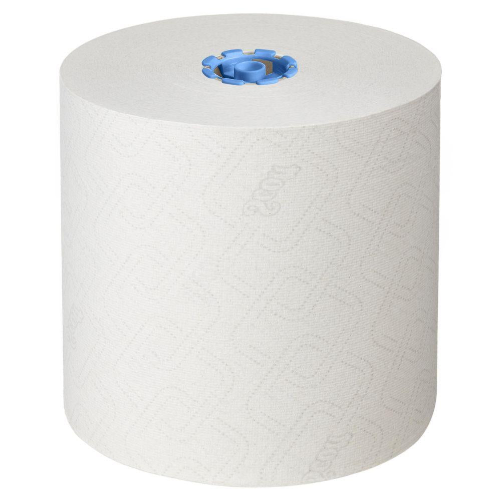 A large Scott® Essential™ roll towel 6638 from Kimberly-Clark GmbH, 1-ply white paper towel roll with a blue plastic core stands upright on a plain white background. Subtle patterns and "Scott" appear on the surface.