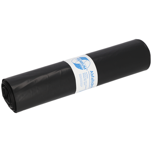 Die DEISS 15001 Müllsäcke (700x1100 mm, Typ 60, schwarz, Rolle à 25 Stück) der EMIL DEISS KG (GmbH + Co.) sind ideale Müllsäcke für die Abfallentsorgung - hier mit weiß-blauem Etikett auf weißem Grund.