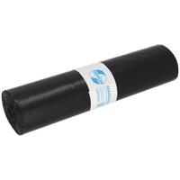 The image shows a roll of EMIL DEISS KG (GmbH + Co.) DEISS 15004 black trash bags, 700x1100x0.06 mm, 25 pieces, with a white-and-blue label in the center on a white background.