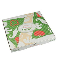 The image shows a closed PAPSTAR 100 pizza boxes from the PAPSTAR A GmbH made of pure cellulose in a colorful, veggie-themed design in green, red, and beige, with the word “Pizza” printed on the lid and side; it measures 33 x 33 cm.