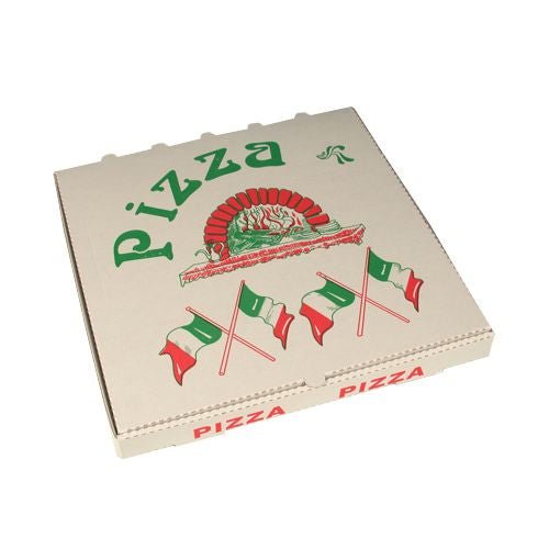 The square pizza boxes 33x33 cm from PAPSTAR GmbH made of cellulose feature the Italian flag and classic design; in a shrink pack of 50 pieces - perfect for authentic pizza enjoyment.