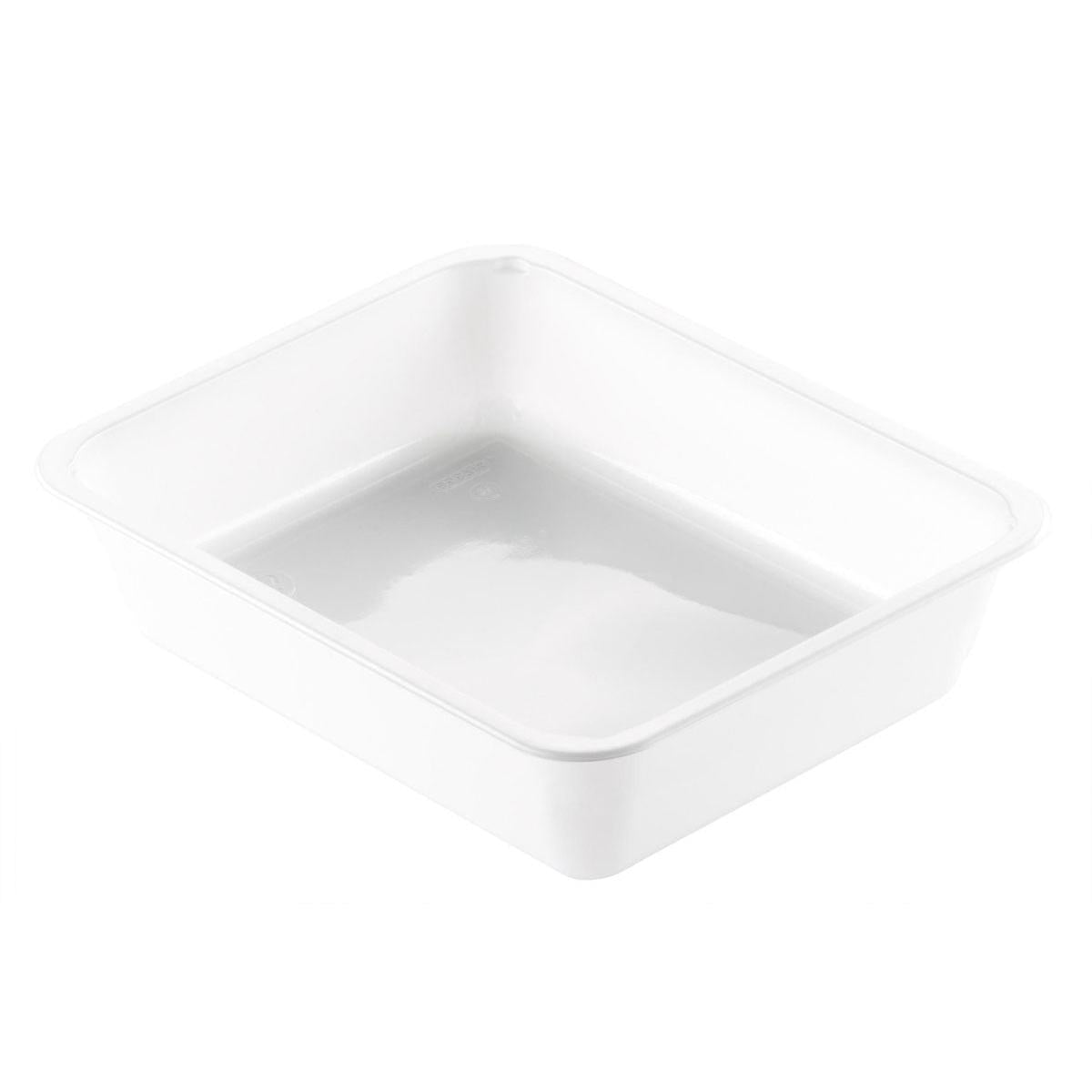 The CPET tray 1 White CPET from Duni GmbH is a rectangular, flat, heat-resistant food container with smooth sides and rounded corners, depicted on a white background.