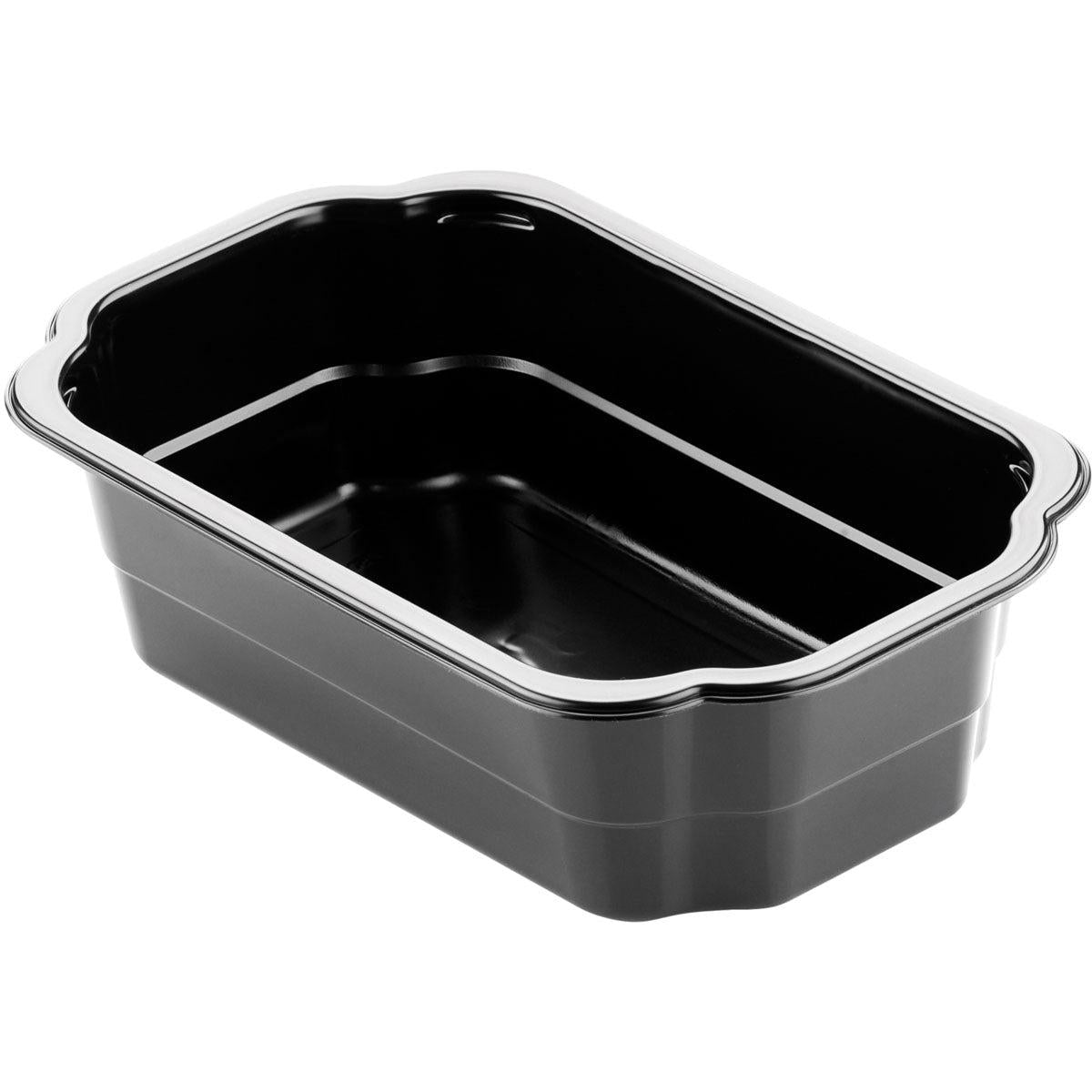 Die Duni GmbH PP-Schale Take-Away Schwarz PP 250x159 ist ein schwarzer, rechteckiger Essensbehälter zum Mitnehmen mit abgerundeten Kanten und glänzender Oberfläche, leer auf weißem Hintergrund dargestellt.