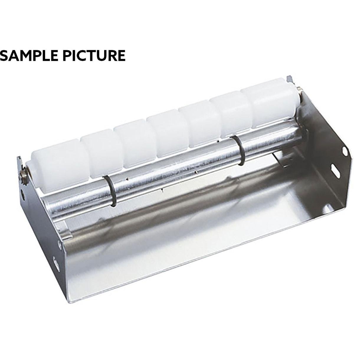 A metal bracket holds a horizontal cylindrical rod with several white plastic rollers, similar to the nail roller DF10 221x95x66 mm from Duni GmbH - a high-quality nail roller for professionals, ideal as a tool for craftsmen. Text: "EXAMPLE IMAGE.