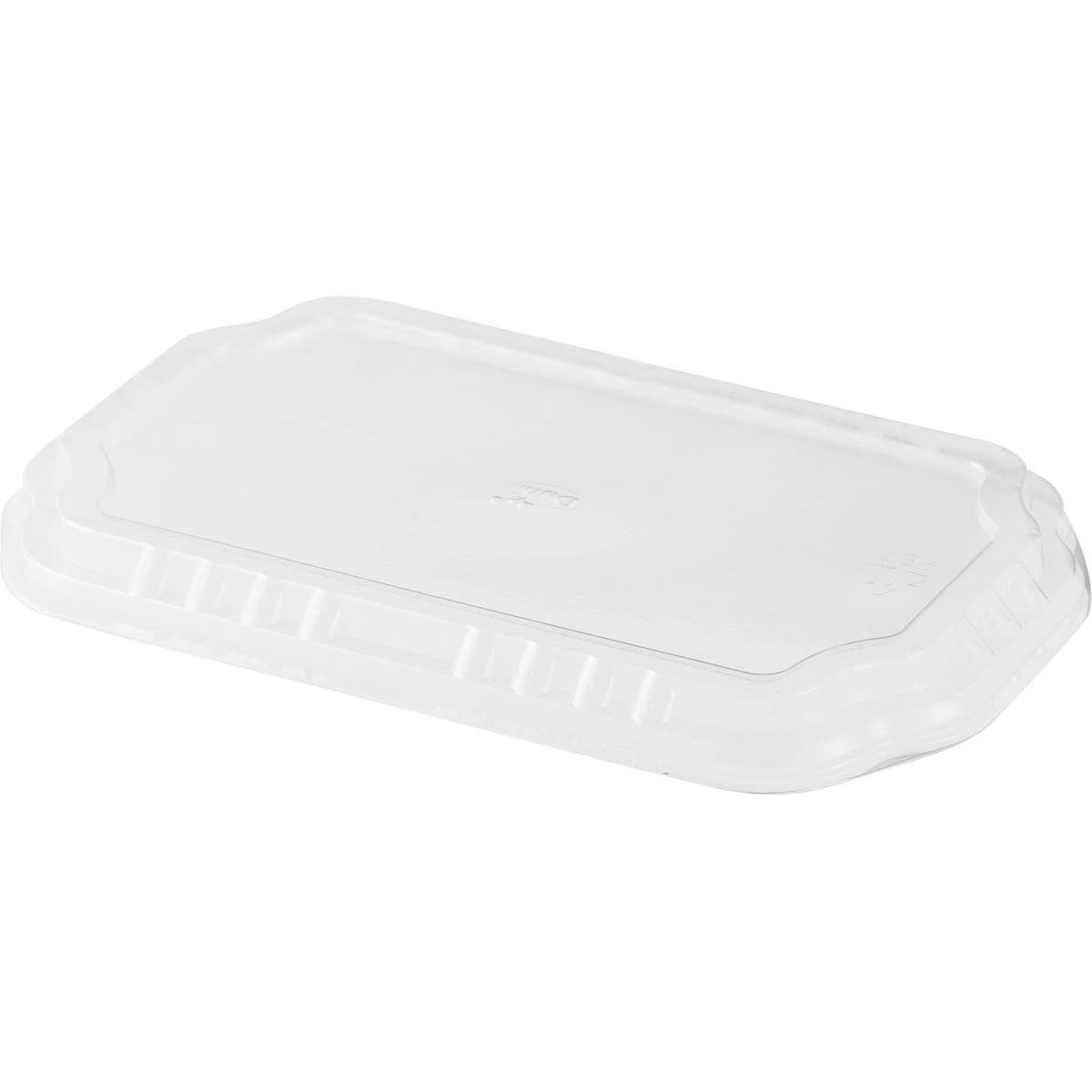 The Duni GmbH lid for take-away PP trays 256x163 mm made of transparent APET is seen on a white background. The rectangular, ribbed lid is perfect for securely packaging food. The package contains 246 pieces.