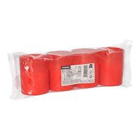 A clear plastic package contains four red PAPSTAR "Hourglass" grave candles (Ø 5 cm, 6.5 cm high) from the PAPSTAR GmbH, which have a white label on the front with product information and a barcode.