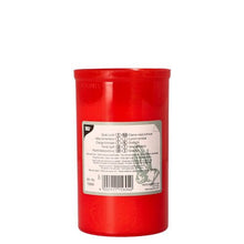 Cylindrical PAPSTAR grave light T3 memorial candle with red plastic housing (Ø 6.4 cm, height 10 cm) and white label with text, symbols, barcode, and graphic. Ideal for use in the cemetery. Brand: PAPSTAR GmbH.