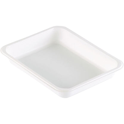 The Duni GmbH Caterline 1 White PP 227x178 tray is a simple, rectangular white tray with rounded corners and slightly raised edges—perfect for food service or practical catering packaging. Photographed from a high angle against a white background.