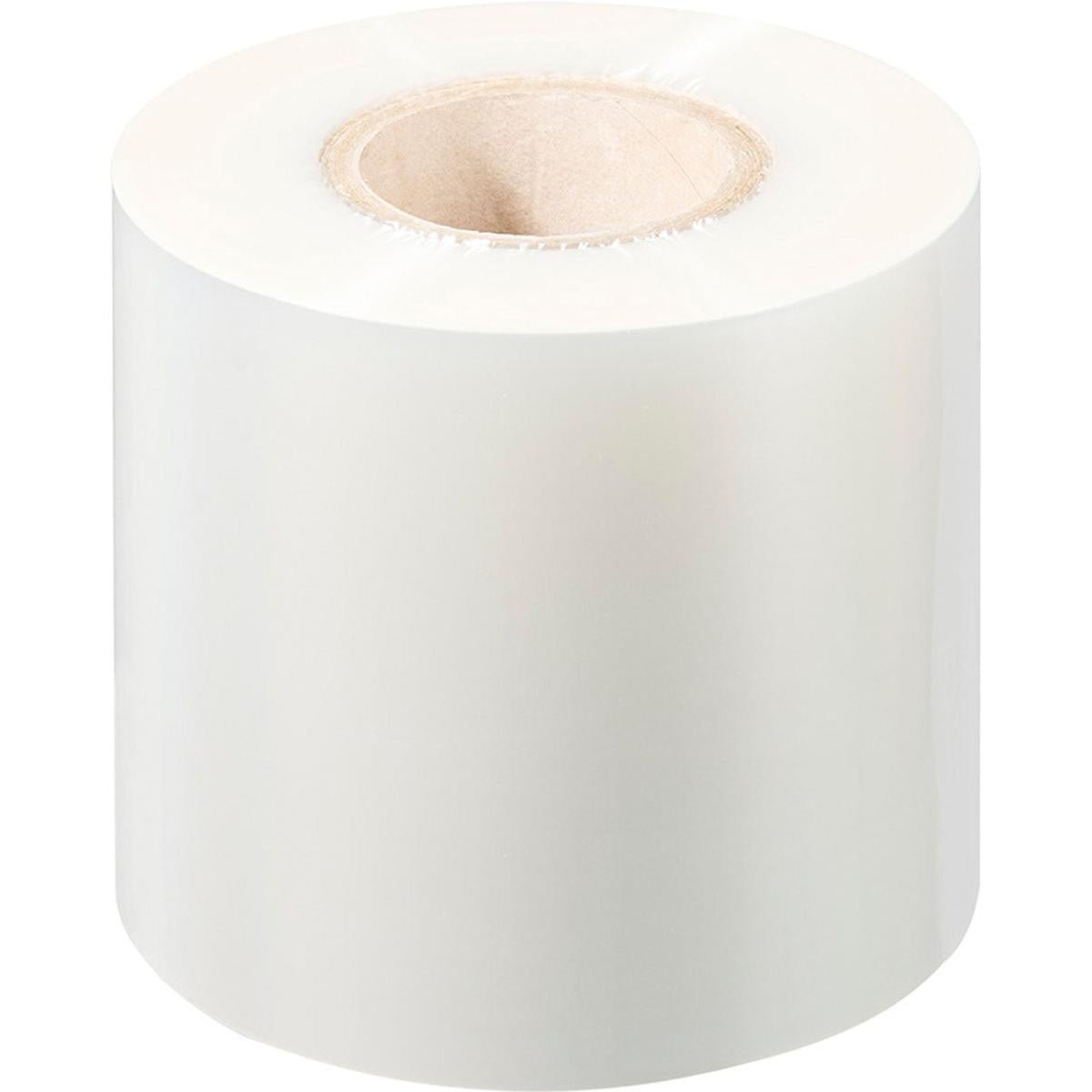 Eine große, weiße, zylindrische Rolle Universalfolie kein Antifog universal der Duni GmbH mit Pappkern steht aufrecht vor einem schlichten weißen Hintergrund.
