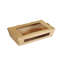 A rectangular 900-ml meal box with a PLA window, made of brown cardboard by Duni GmbH (200x120x45 mm, pack of 250), is shown against a white background. The windows are located on the top and front. It is biodegradable.